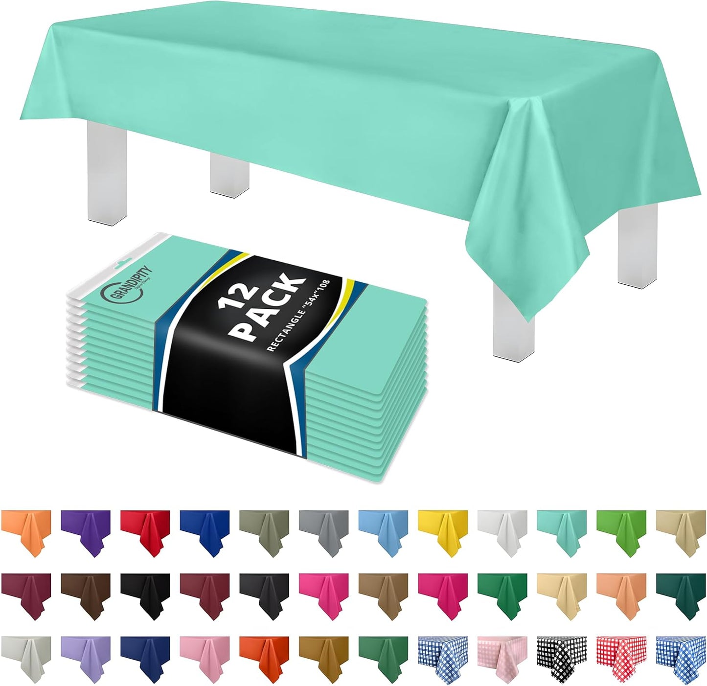 Grandipity 12 Pack Premium Disposable Plastic Tablecloth 54 Inch. x 108 Inch. Decorative Rectangle Table Cover - Aqua