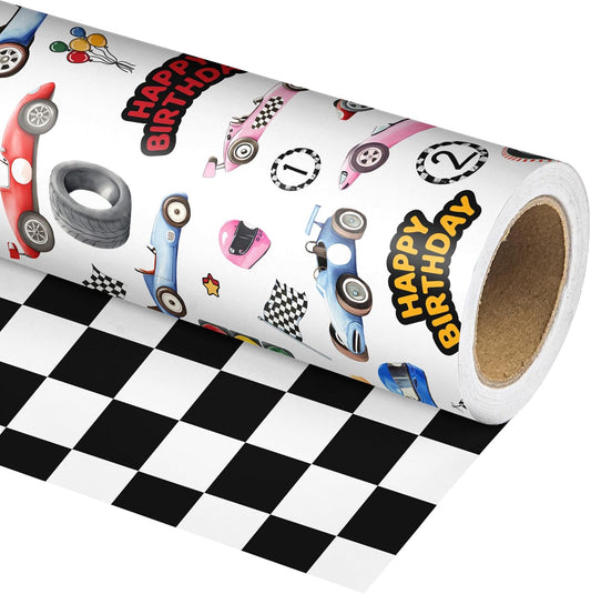 Vnaaem Reversible Vintage Race Car Wrapping Paper Roll for Kid's Boy's - Black & White Checkered Flag Gift Wrap for Birthday, Holiday, Fathder's Day, Baby Shower - 17 in x 20 ft(Total 28.5sq.ft)