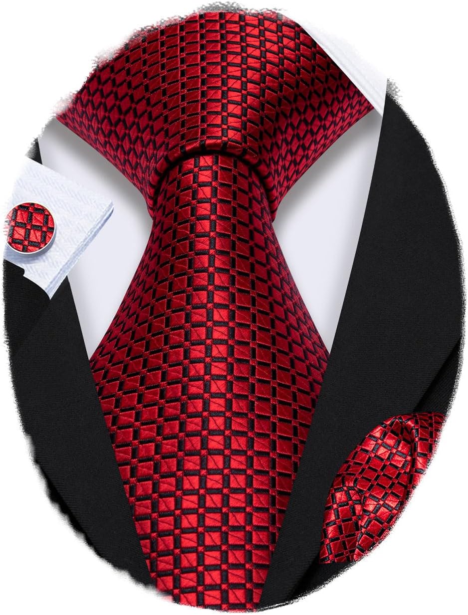 Barry.Wang Designer Classic Ties for Men Set Formal Pocket Square Cufflink Check Plaid