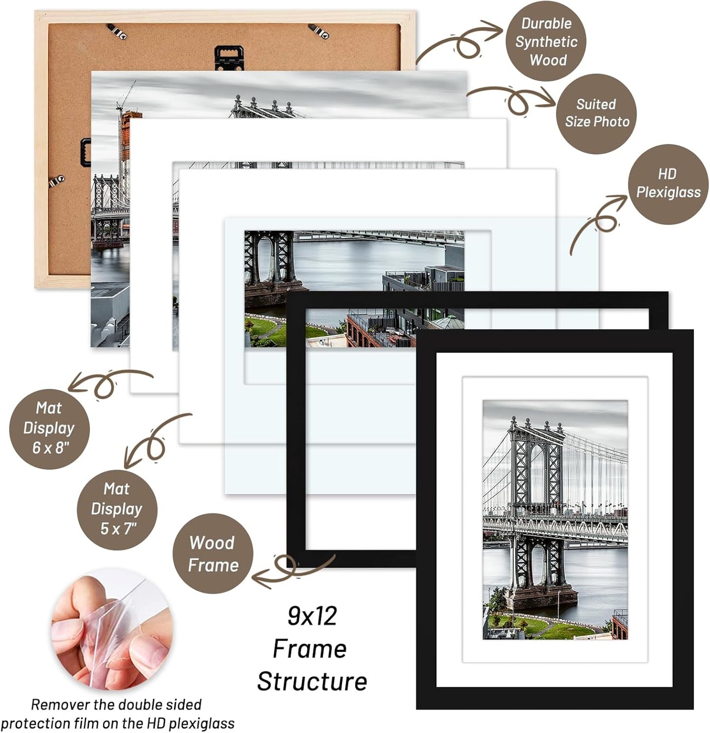 9x12 Picture Frames Solid Wood Display Pictures 6x8 or 5x7 with Mat or 9x12 Frame without Mat Poster Photo Frame Art with 2 Mats for Wall Mounting or Table Top(Black)