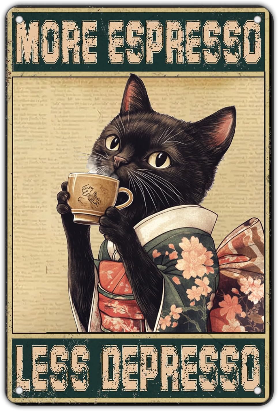 Coffee Cat Metal Posters More Espresso Less Depresso Metal Tin Sign Kimono Cat Bar Pub Sign Poster Home Decor Garage Bar Poster 12x8 Inch