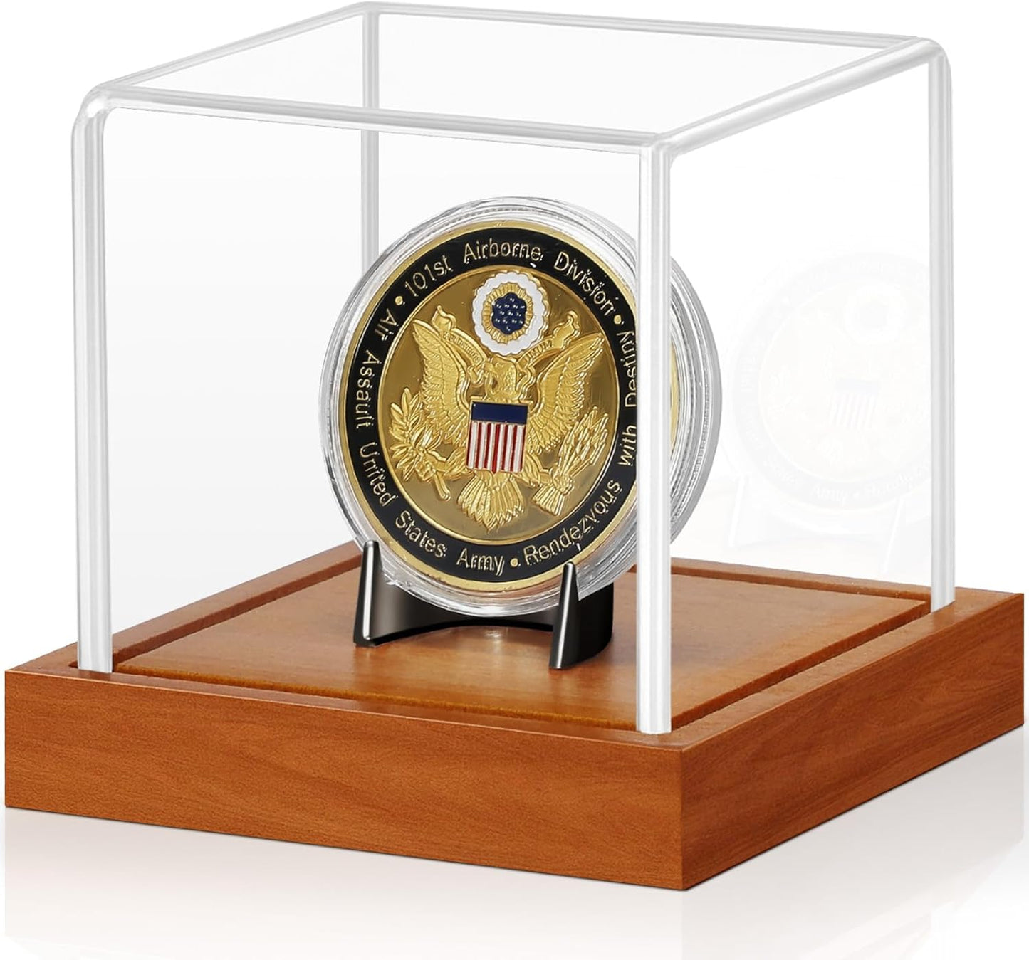 JupDec Coin Display Case, Clear Acrylic Showcase with Wood Base & Alloy Holder for Single Challenge Coin, UV Protection Souvenirs and Collectibles Box, Ideal Gift for Coin Fans, Brown