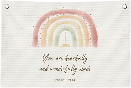 Kids Playroom Wall Decor,Christian Classroom Play Room Decor,Rainbow Bible Verse You are Fearfully and Wonderfully Made Canvas Banner Flags for Classroom, Nursery, Kids Room, Playroom,30x20 In