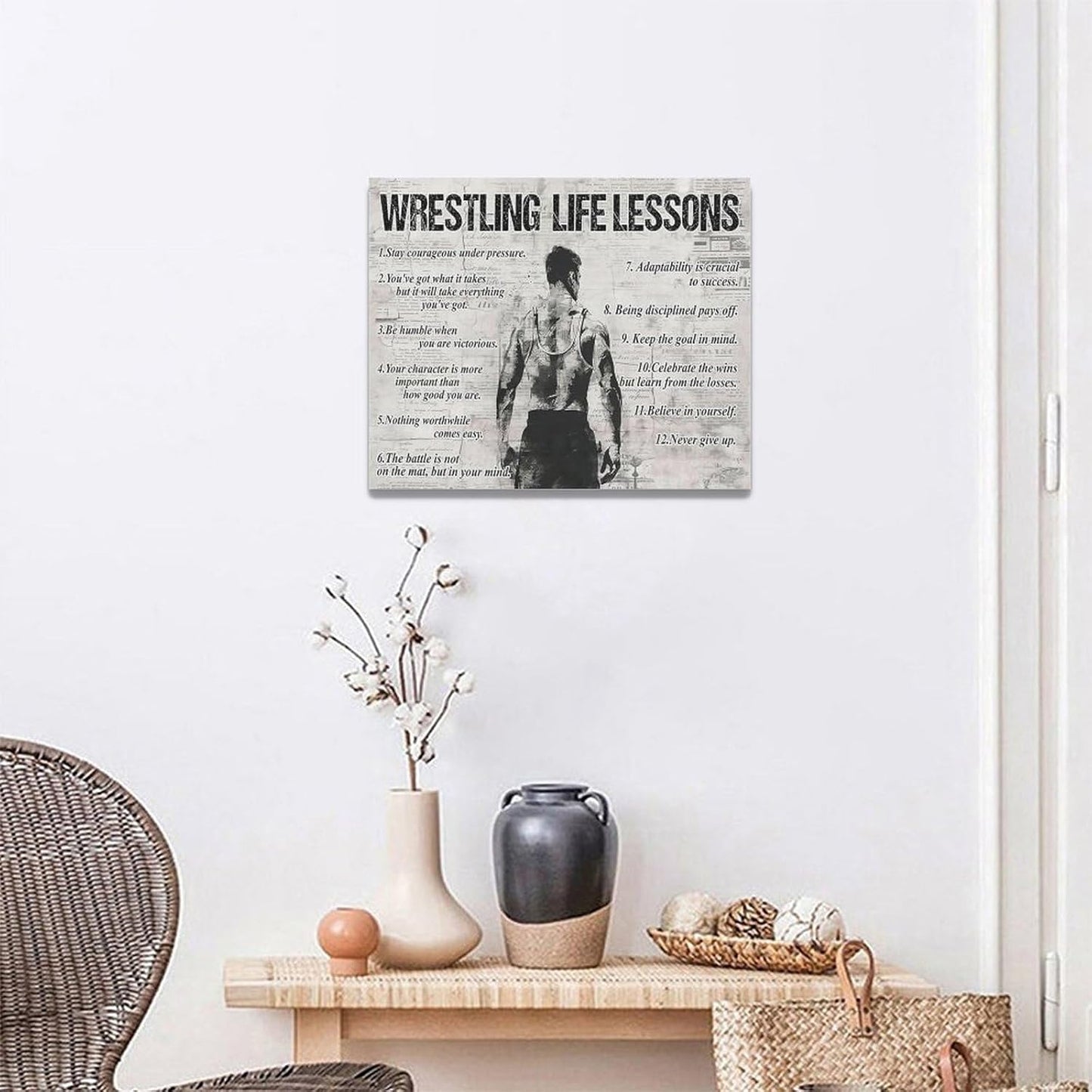 Wrestling Life Lessons Wall Art - Sports Sign Retro Poster for Boy Men - Motivational Decorations Canvas Print Painting Artwork for Bedroom Bathroom Living Room Gym 20"x16"