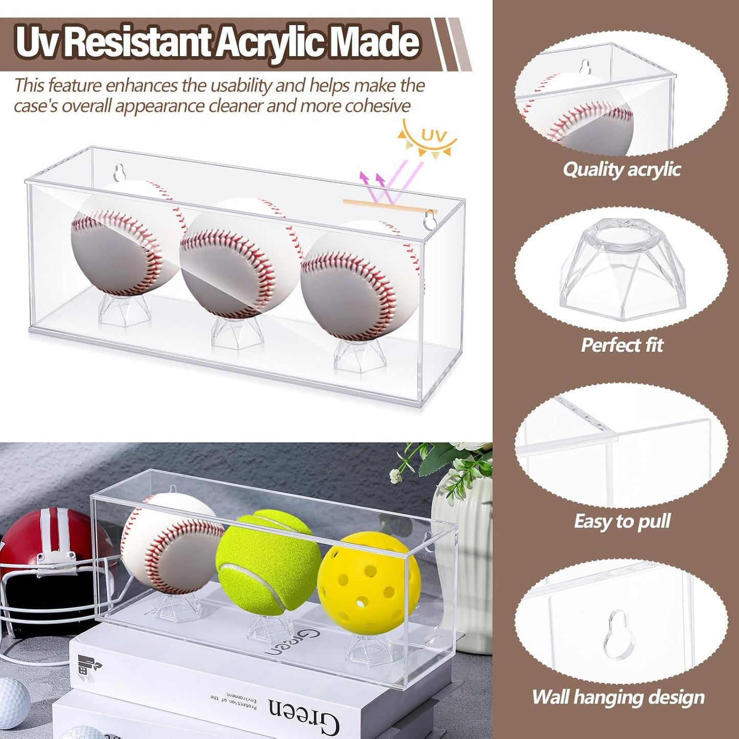 Baseball Golf Ball Display Case for 3 Balls UV Protected Acrylic Boxes for Display Ball Cube Memorabilia Showcase Autograph (Clear, 11.4 x 4.3 x 3.15 Inch)