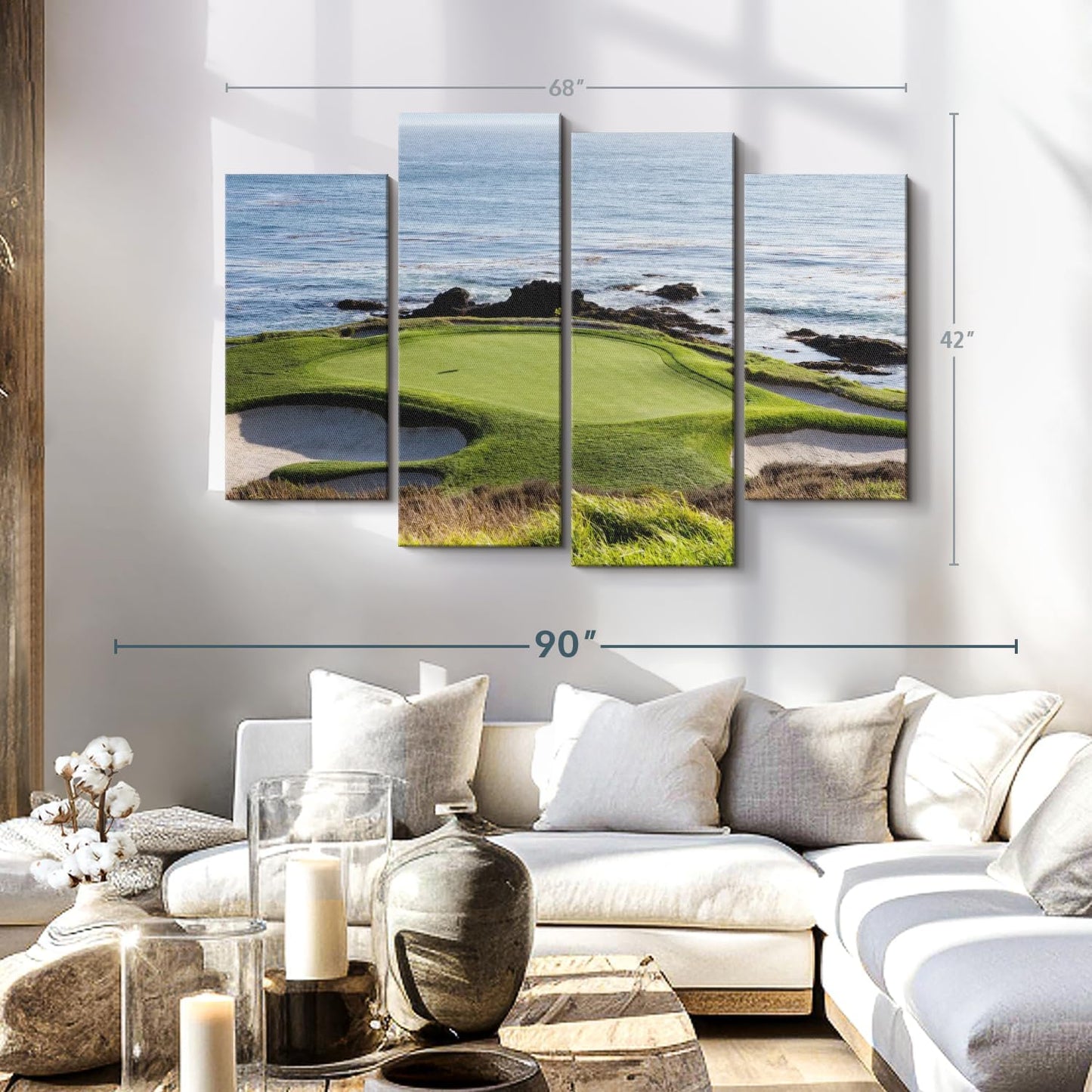 Elephant Stock Pebble Beach Golf Turf Wall Art - Horizontal Canvas - 4-Piece Hallway Wall Decor - Photographic Canvas Print - Brown and Blue Decor for Wall - 68" X 42"