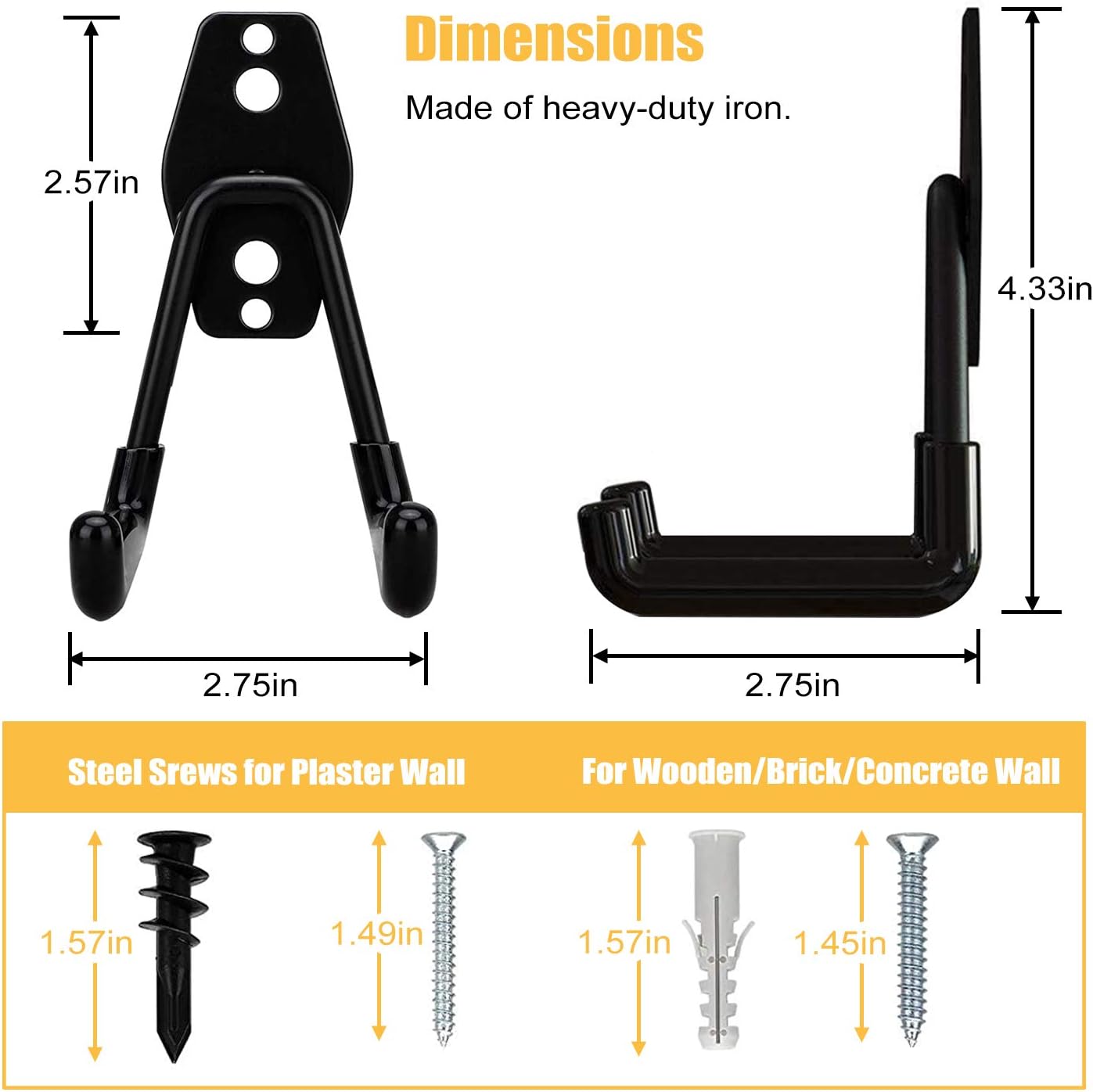 Steel Garage Storage Utility Double Hooks, Heavy Duty Hangers Wall Mount Holder J Hook Garage Organizer for Power Tools, Bikes, Ladders, Ropes, Hoses, Bulk Items Storage