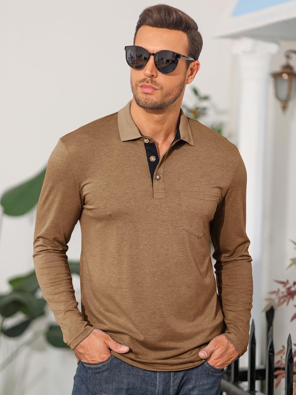 Mens Long Sleeve Polo Shirts Casual Moisture Wicking Golf Polo Shirts with Pocket