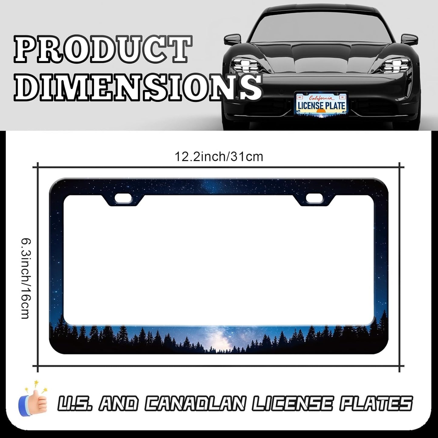 Galaxy Forest License Plate Frames - 2 Pack Front Rear Starry Sky License Plates Holder Covers, Aluminum Metal Rust-Proof Waterproof Car Tag Frame with Screws Fasteners Caps