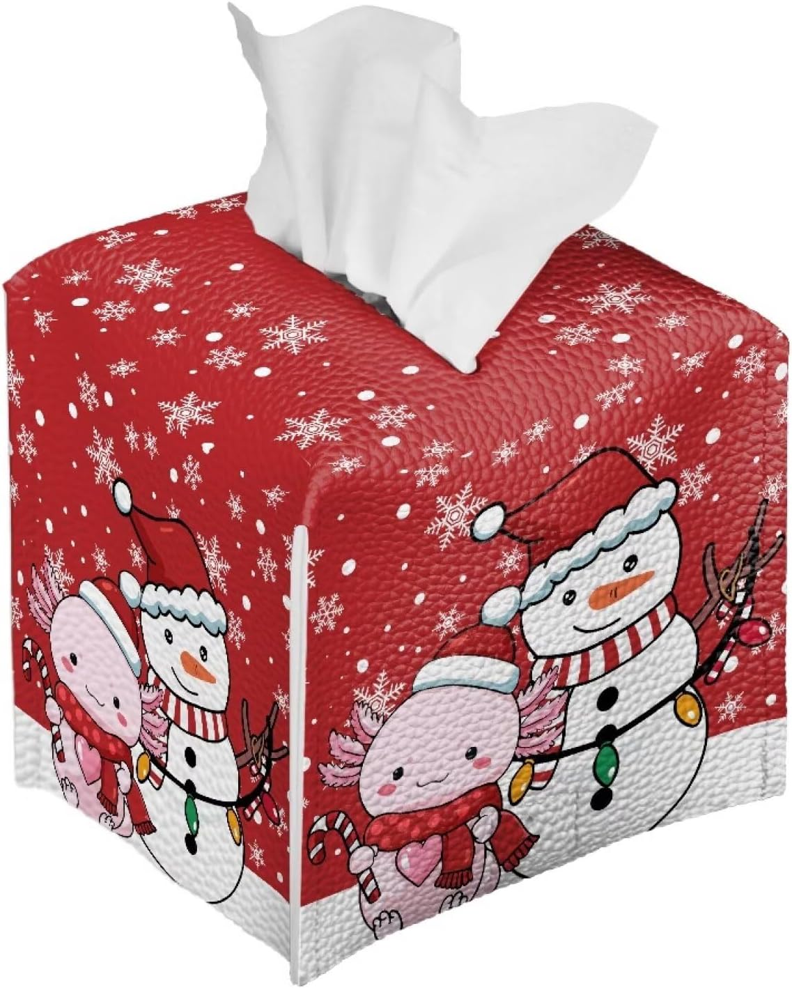 Red Christmas Tissue Box Cover PU Leather Tissue Box Holder with Snowman & Axolotl Pattern 5x5x5 inch Waterproof Protective Cover for Home Car Office Hotel Decor