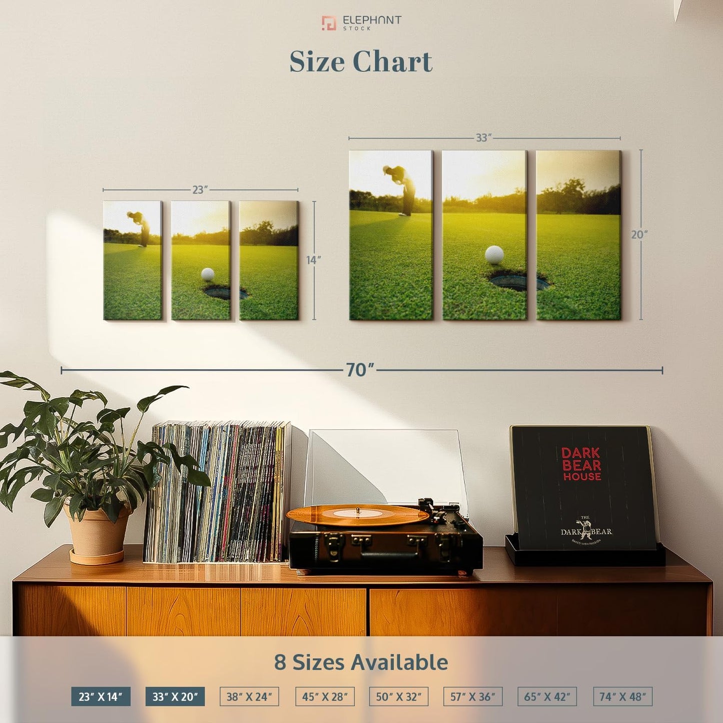 ElephantStock Golf Ball Strike Wall Art - Horizontal Canvas - 3-Piece Living Room Wall Decor - Photography Sports Canvas Print - Green and White Decor for Wall - 23" X 14"