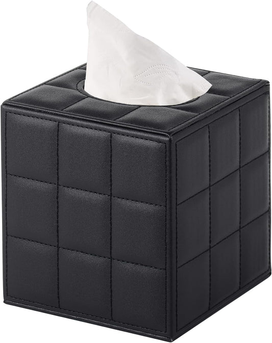 Tissue Box Cover Square Tissue Box Holder PU Leather Facial Organizer with Magnetic Bottom,Decorative Napkin Caddy for Vanity Dresser Night Stand Table Countertop Home Office Car,Black