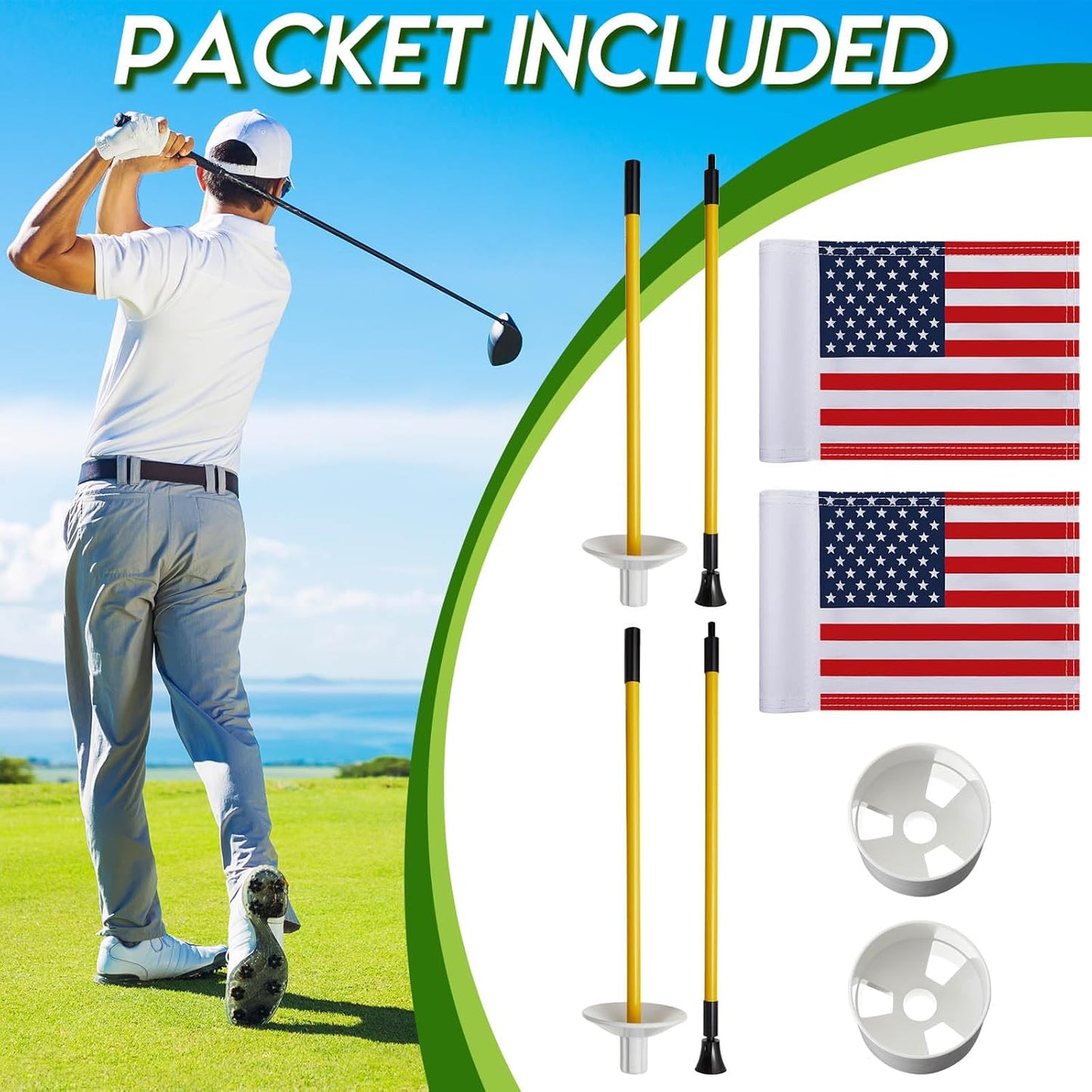 Meooeck 2 Pack Golf Flagstick 3ft Putting Green Pin Flag and Hole Cup Set for Yard Portable 2 Section Fiberglass Mini Golf Set for Driving Range Backyard, Double-side American Flag