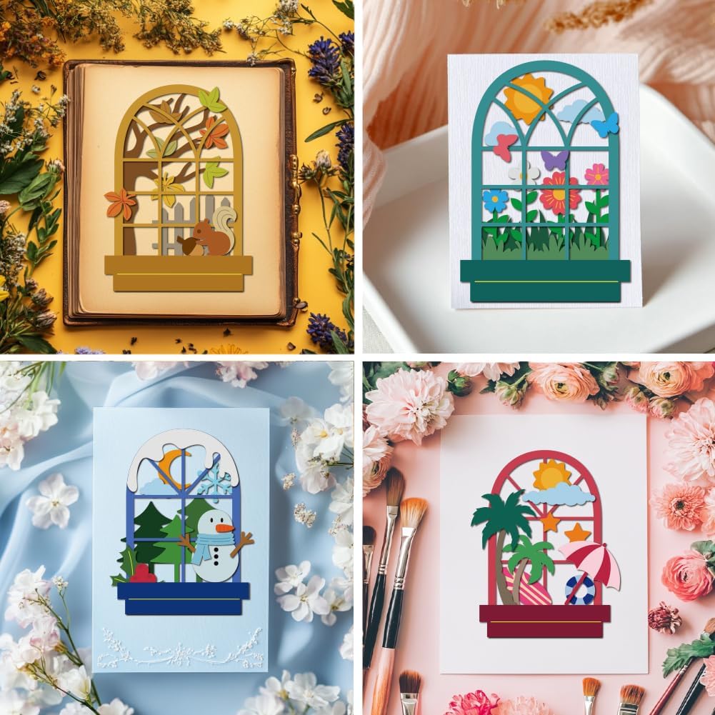 MAYJOYDIY Four Seasons Windows Cutting Dies Windows Scenery Metal Die Cuts Template Spring Summer Autumn Winter Embossing Carbon Steel Stencils for Card Making Scrapbooking Album Gift Decoration