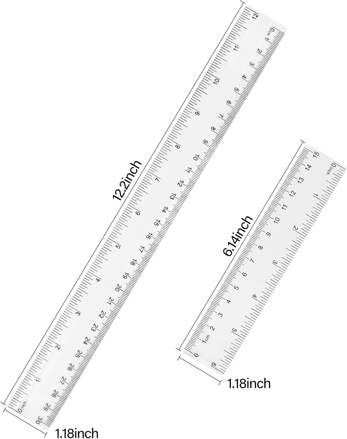 Clear Plastic 6 Inch+12 Inch Straight Ruler, Shatterproof With Inches and Centimeters for School, Classroom, Home, or Office (2pcs)