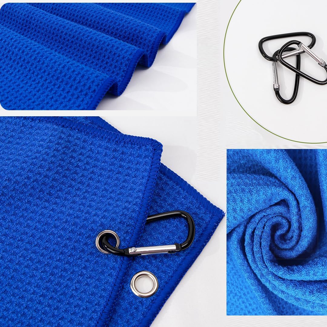 Golf Towels, Golf Towel and Brush Set, with Microfiber Waffle Design Golf Towel 16" X 24" with Hook and Loop Fastenerl and Retractable Zip-line Golf Club Brush (Blue)