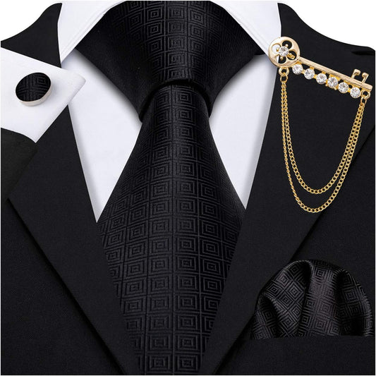 Barry.Wang Designer Classic Ties for Men Set Formal Pocket Square Cufflink Check Plaid