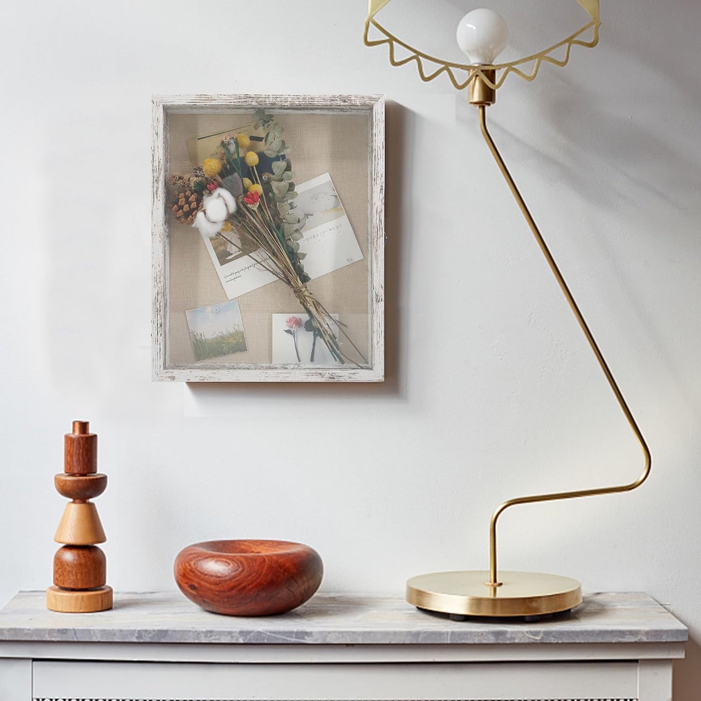 GraduatePro Shadow Box Frame 13X16 Display Case with Linen Back, Real Glass Window Door with Hinge, Picture Frame Wedding Bouquet Memorabilia Medals Photos Memory Box for Keepsakes Rustic White