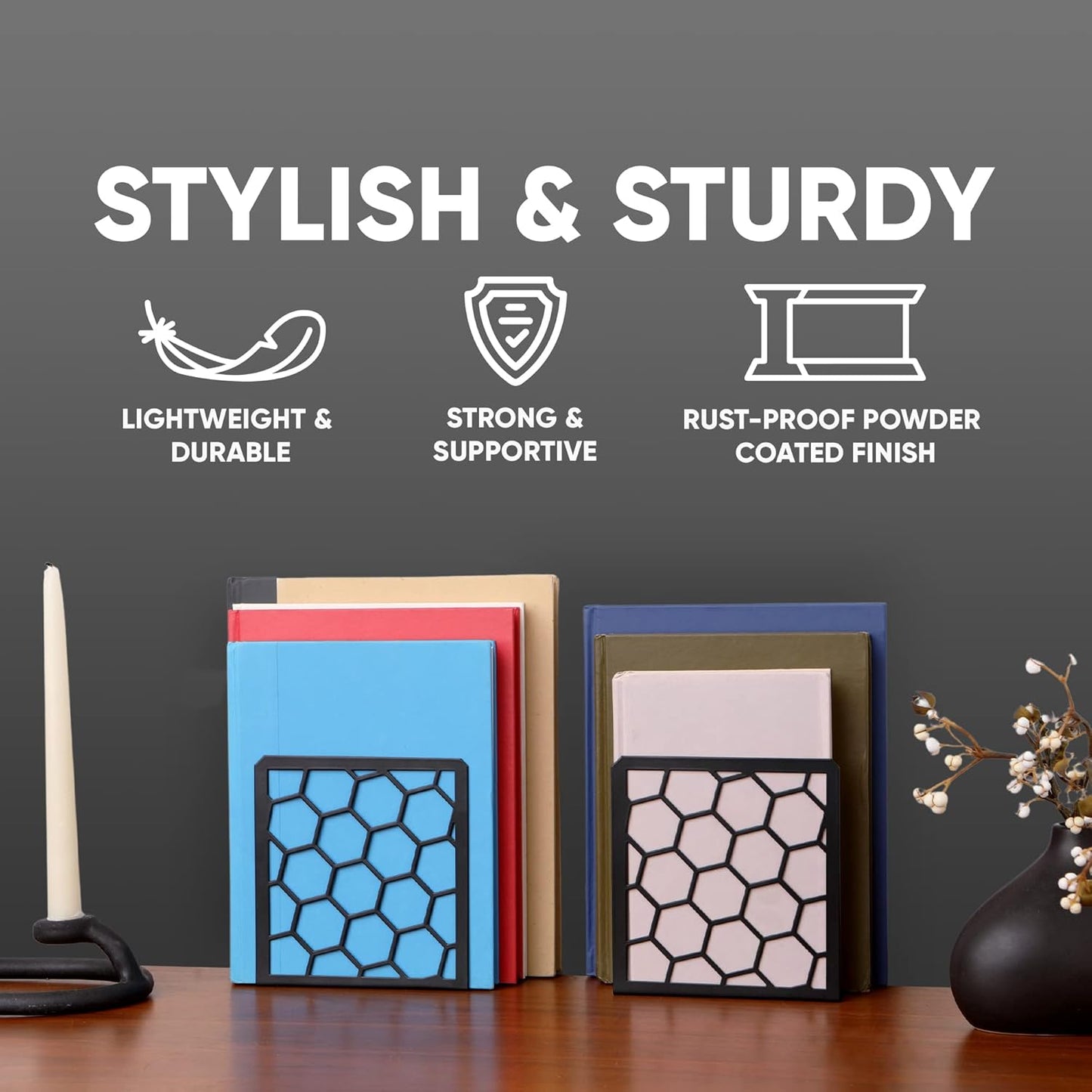 GEOMOD Geometric Honeycomb Black Metal Bookends Decorative - Tall Sturdy Book Ends for Shelves - Modern Heavy Duty Bookend Stopper - Office or Home Book Shelf Book Holder - 6x3.25x6.25 Inches - 2 Pair