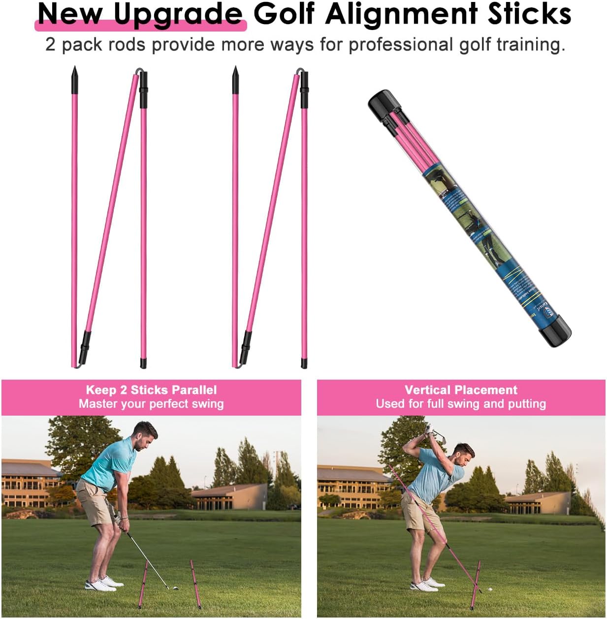 Rhino Valley Golf Alignment Sticks - 48" Collapsible Golf Practice Rods for Aiming, Putting, Full Swing Trainer, Posture Corrector with Clear Tube Case, Golf Training Equipment