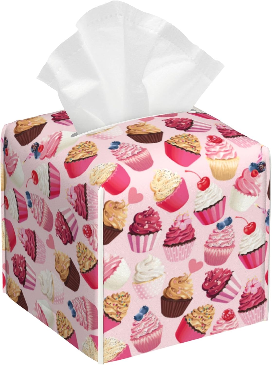Tissue Box Holder Delicious Cupcakes Tissue Box Cover Square Leather Tissue Holder Organizer Portable Decorative Facial Paper Case for Home Office Bathroom Vanity Countertop