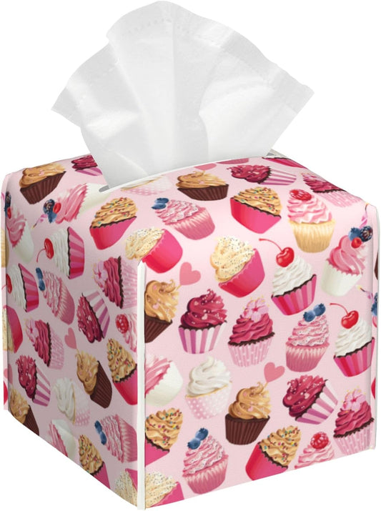 Tissue Box Holder Delicious Cupcakes Tissue Box Cover Square Leather Tissue Holder Organizer Portable Decorative Facial Paper Case for Home Office Bathroom Vanity Countertop