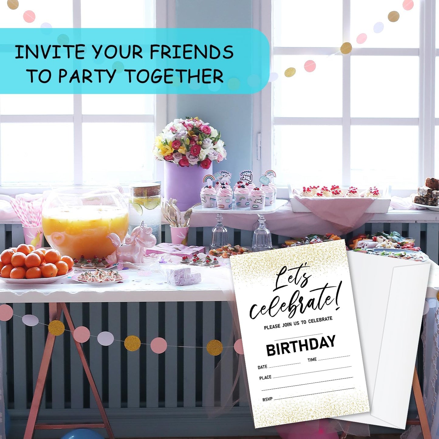 Let's Celebrate! Birthday Invitations, Gold Party Invitations, 20 Double-Sided Fill In Invitation with Envelopes for Teen Boys Girls, Invitations Cards for Birthday Party Decorations Favor - 14