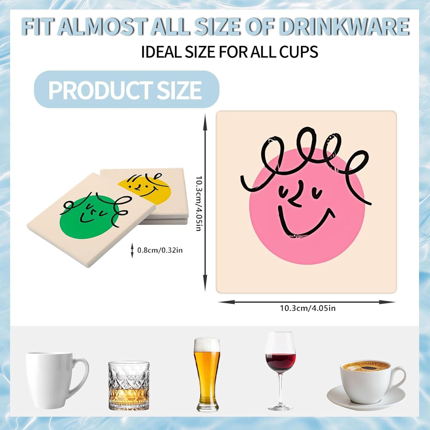 MAYCARI Cartoon Colorful Face Coasters Set of 6 Cork Backed Cute Coasters with Metal Holder Original Ceramic Surface Drink Cup Mats for Tabletop Protection Modern Desk Decoration Birthday Gifts