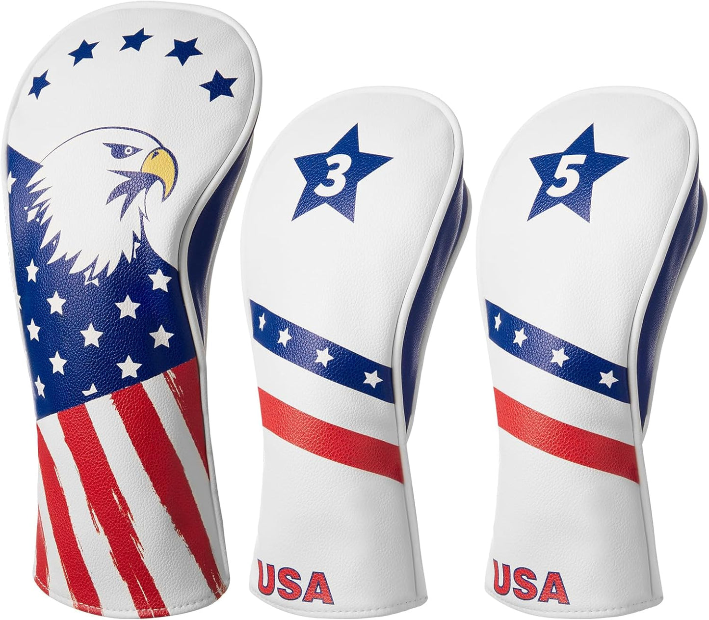 Golf Head Covers, 3 Pack Golf Club Head Covers USA Stars and Stripes, Velour Lined for Extra Club Protection, Designed to Fit All Woods and Drivers Velour Lined