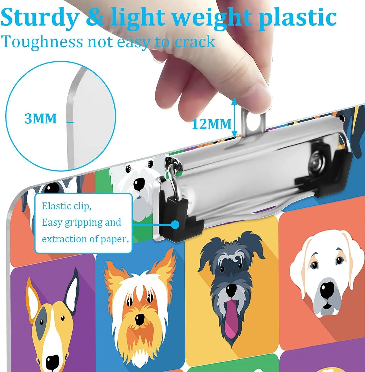 Cartoon Dogs Clipboard Standard A4 Letter Size 12.5 x 8.7 Plastic Clipboard Low Profile Clip Retractable Hanging Tab Decorative Clipboard