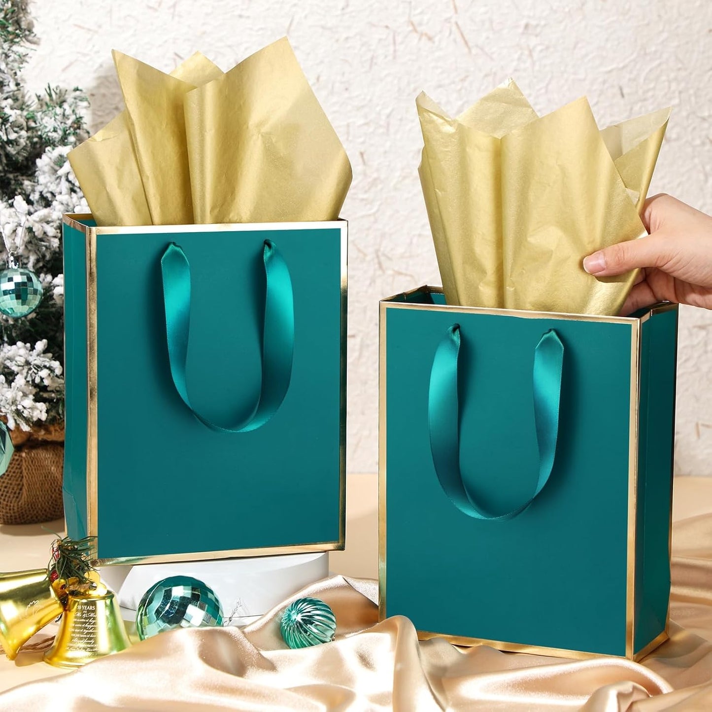 Yeaqee 24 Pack Metallic Paper Gift Bags with Handle and Tissue 9x7x3.1 Gold Foil Welcome Favor Bags Return Gifts for Wedding Fall 5 Senses Christmas Bridesmaid Birthday(Turquoise, Gold)