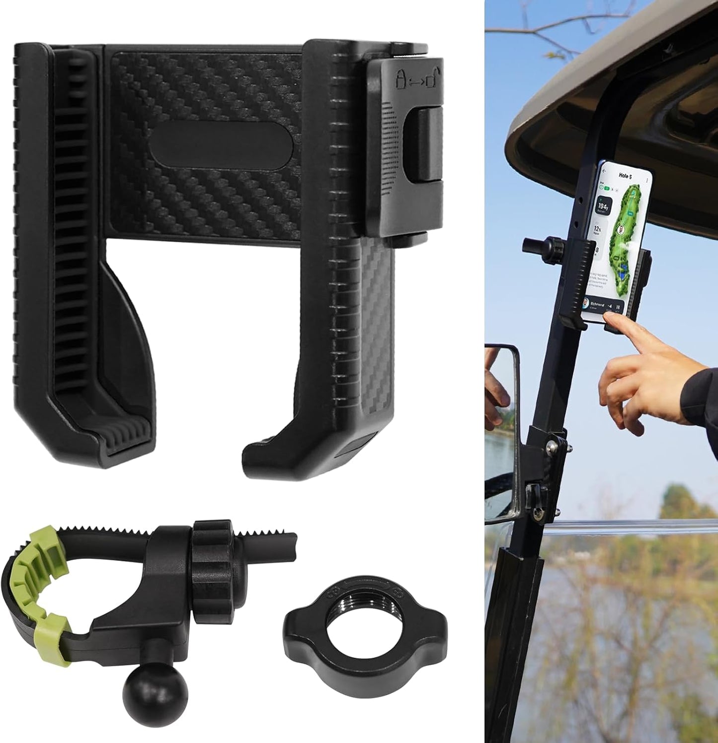 Golf Cart Phone Holder for EZGO Club Car Yamaha, Widely Use for Golf Push Cart Motorcycle Bike Treadmill Scooter Phone Mount, Compatible with iPhone/Samsung/Pixel All Phones, Golf Cart Accessories