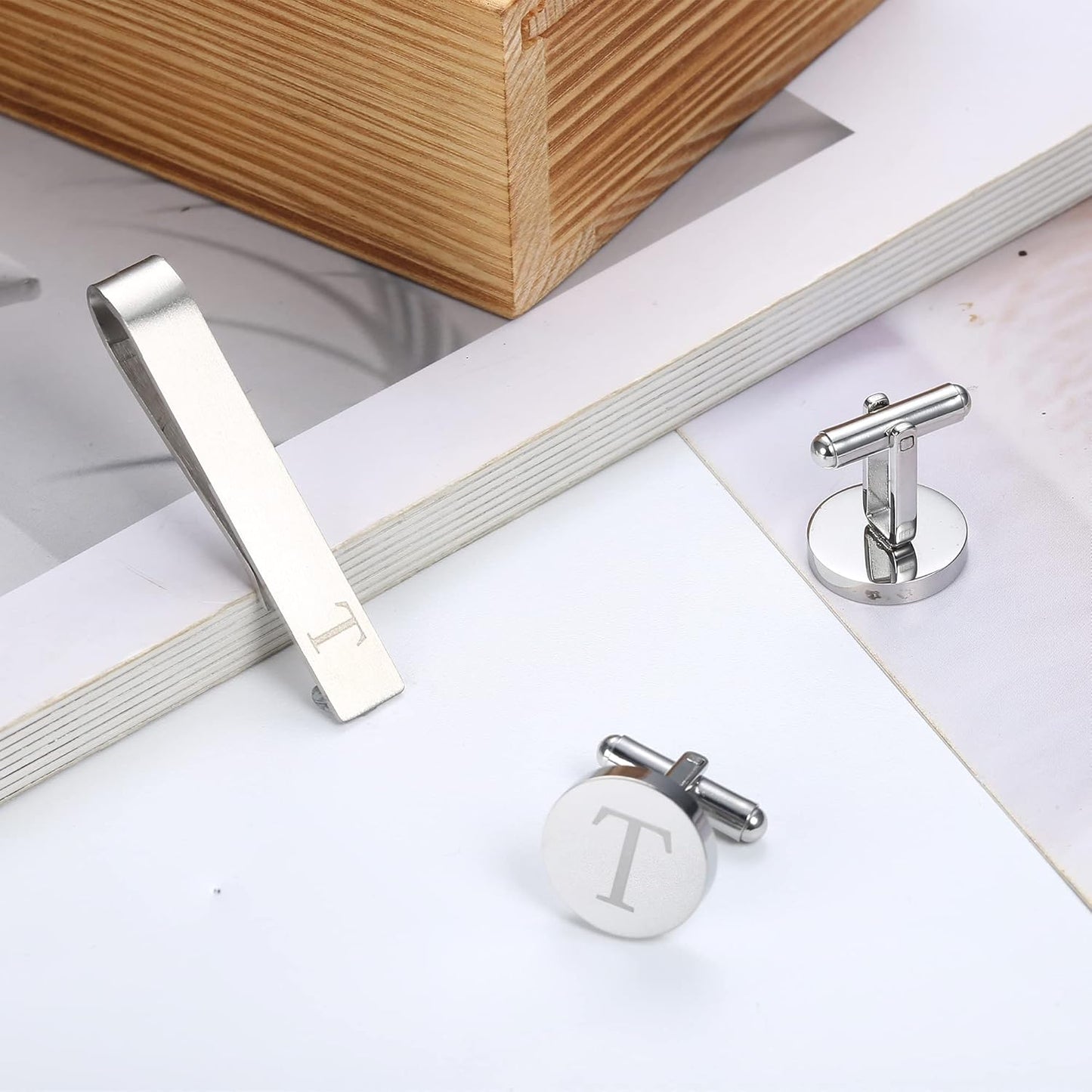 LOYALLOOK Stainless Steel Engraved Initial Cufflinks and Tie Clip Bar Set Alphabet Letter With Gift Box A-Z