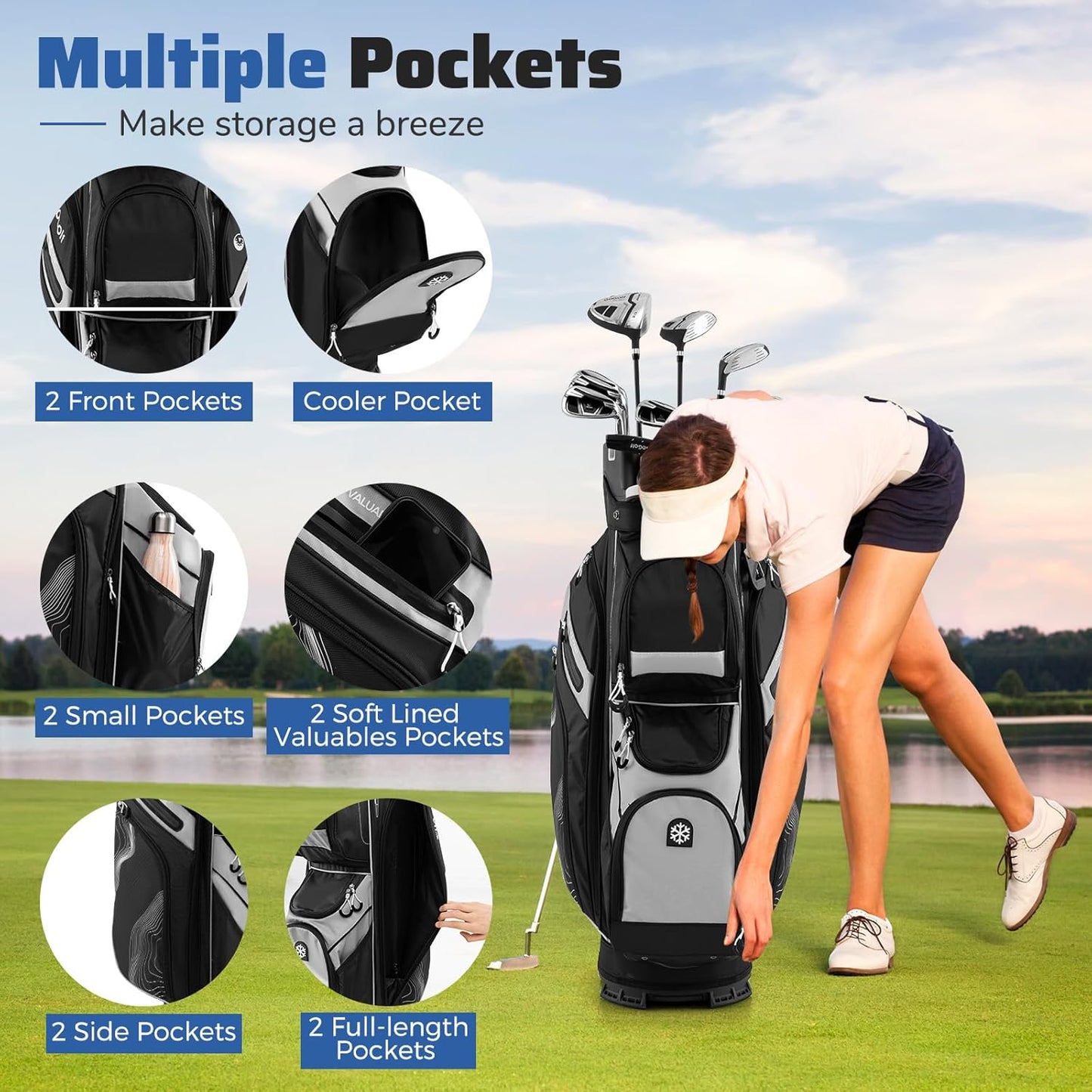 Tangkula Golf Cart Bag with 14-Way Full Length Dividers, 6 Molded Lock Top Golf Club Bag with 11 Pockets, Cooler Bag, Padded Strap, Handles, Umbrella Holder & Rain Hood