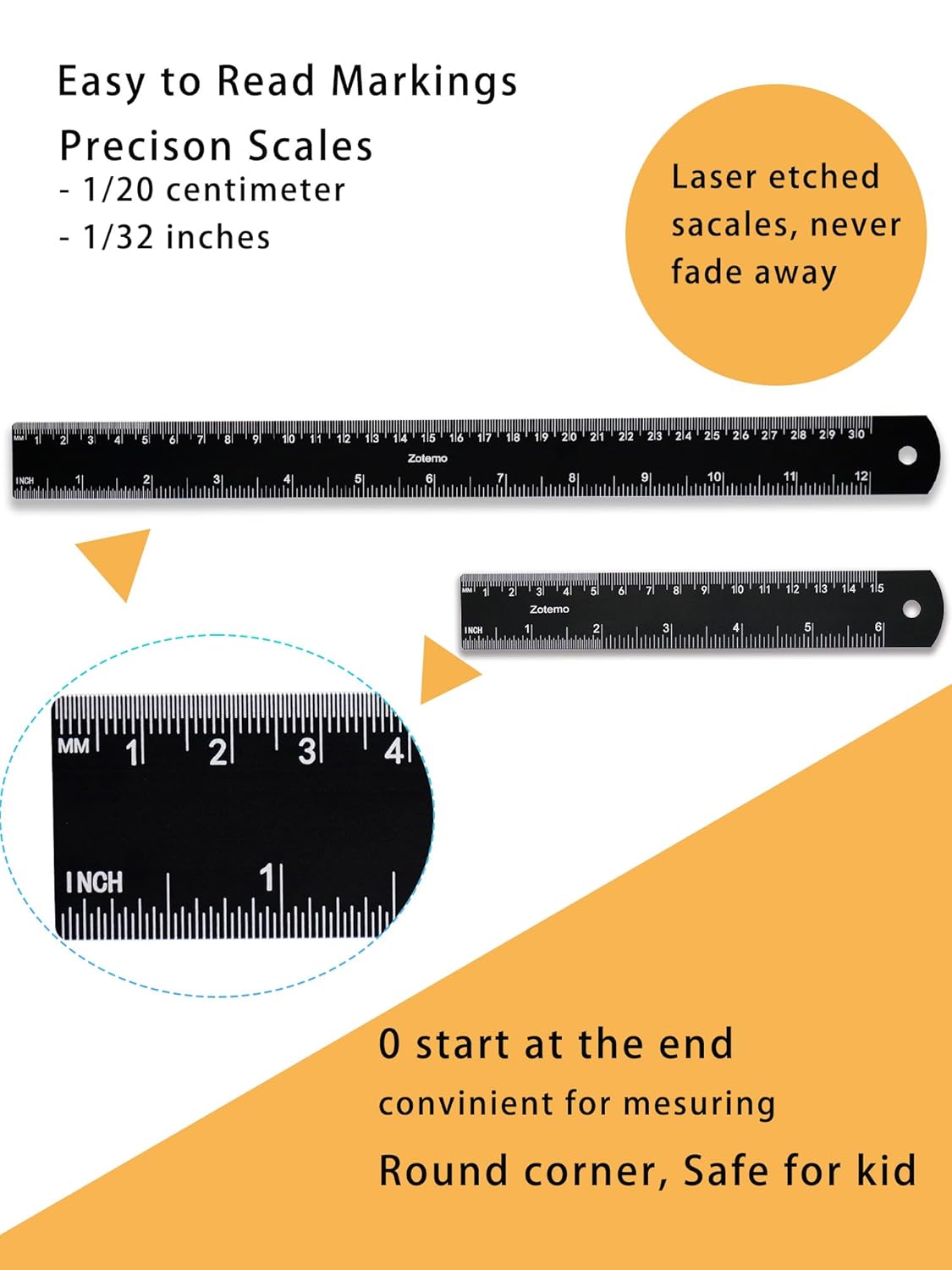 Metal Rulers, 6 and 12 Inch Aluminum Scales with Imperial and Metric Measurements, Laser Etched, Easy to Read, 0 Starts at The end, 2 Pack
