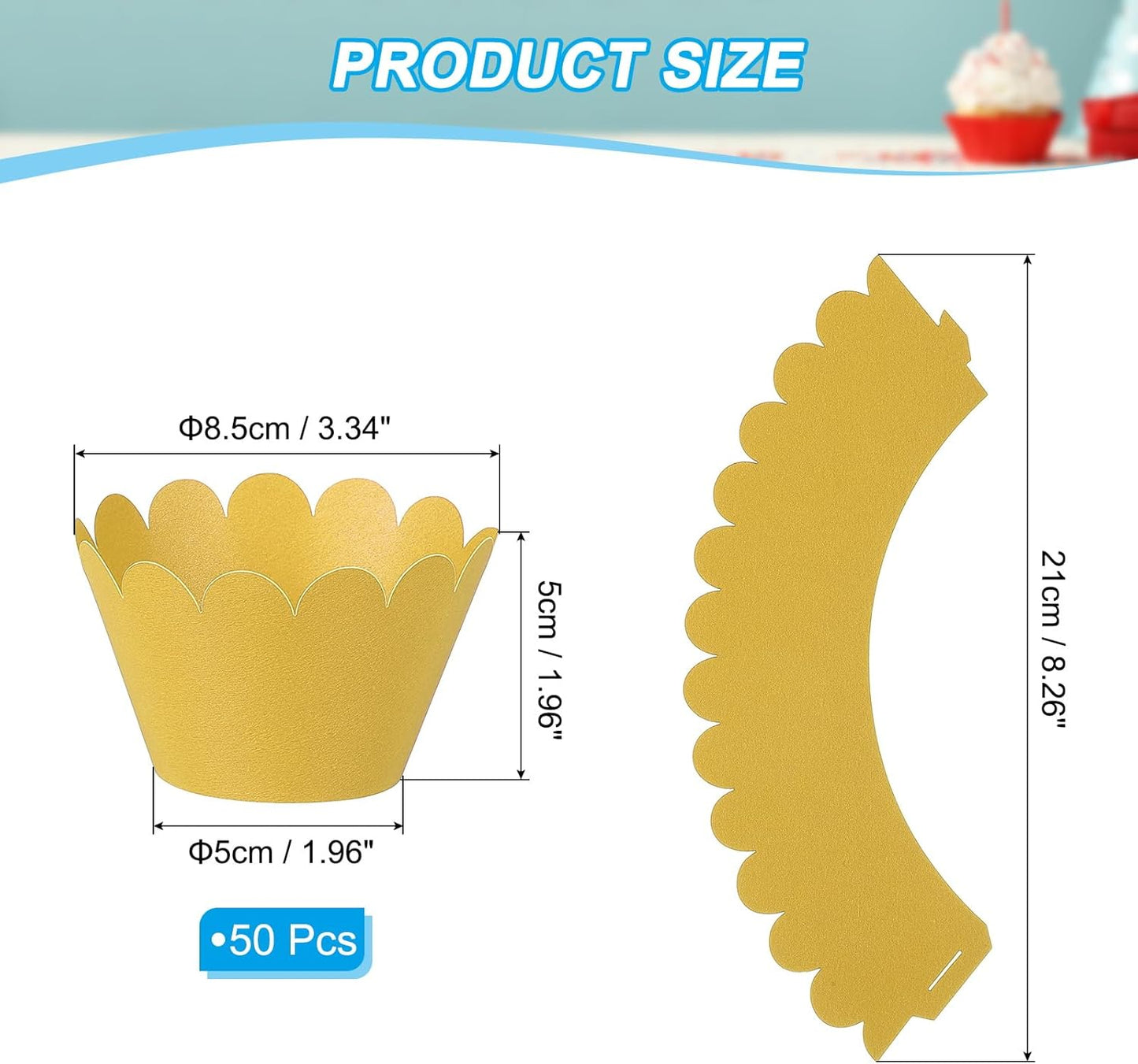 PATIKIL Cupcake Wrappers Paper, 50 Pack Baking Cups Standard Wave Decoration for Anniversary Birthday Weddings and Parties, Gold