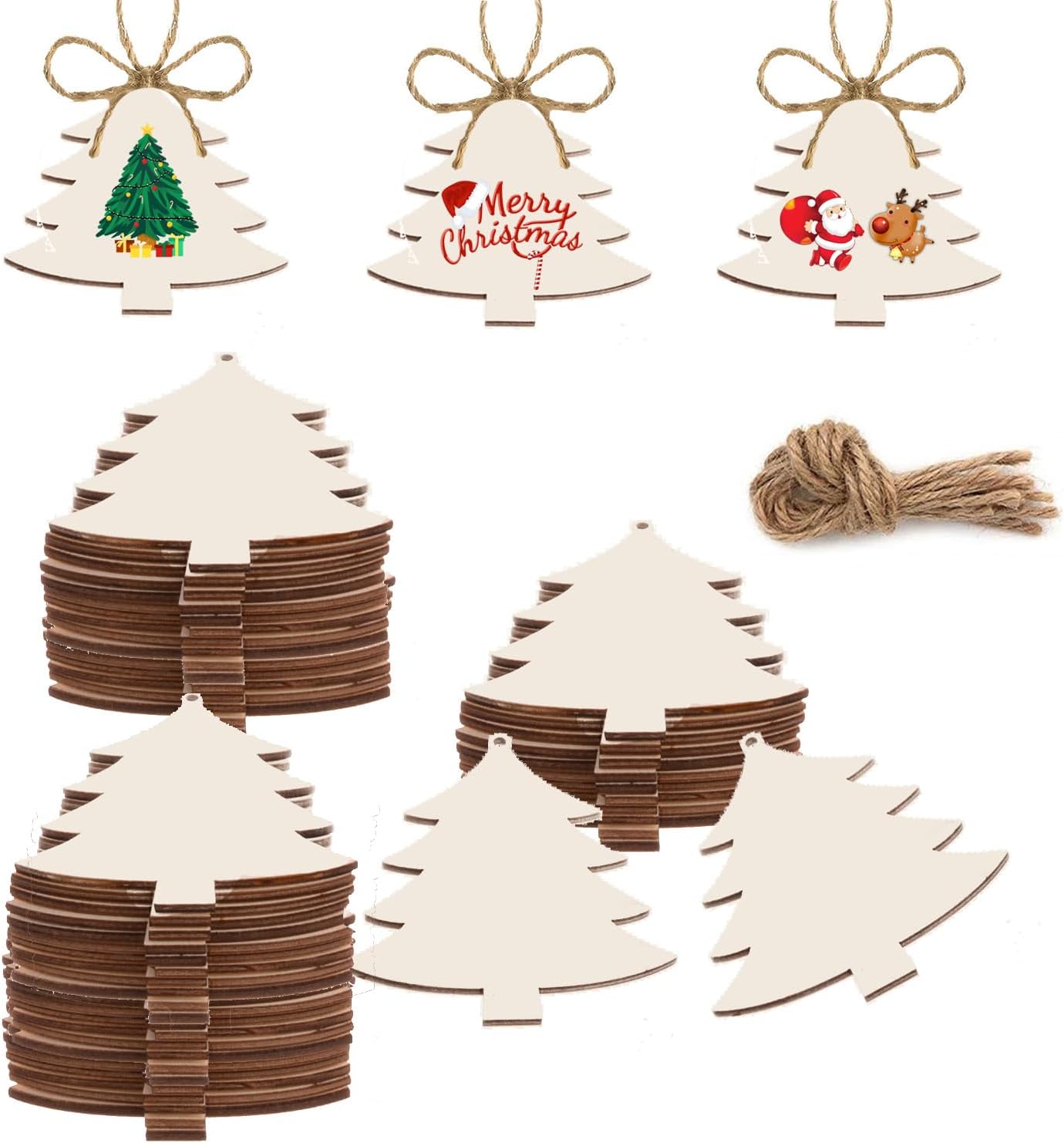 50PCS Unfinished Wood kit with Holes, Wood Slice for DIY Crafts, Blank Tree Wood Cutouts Wooden Tags Ornaments for Sign Gift Tags, Christmas Decorations Outdoor Indoor Decor (Christmas Tree Shape)