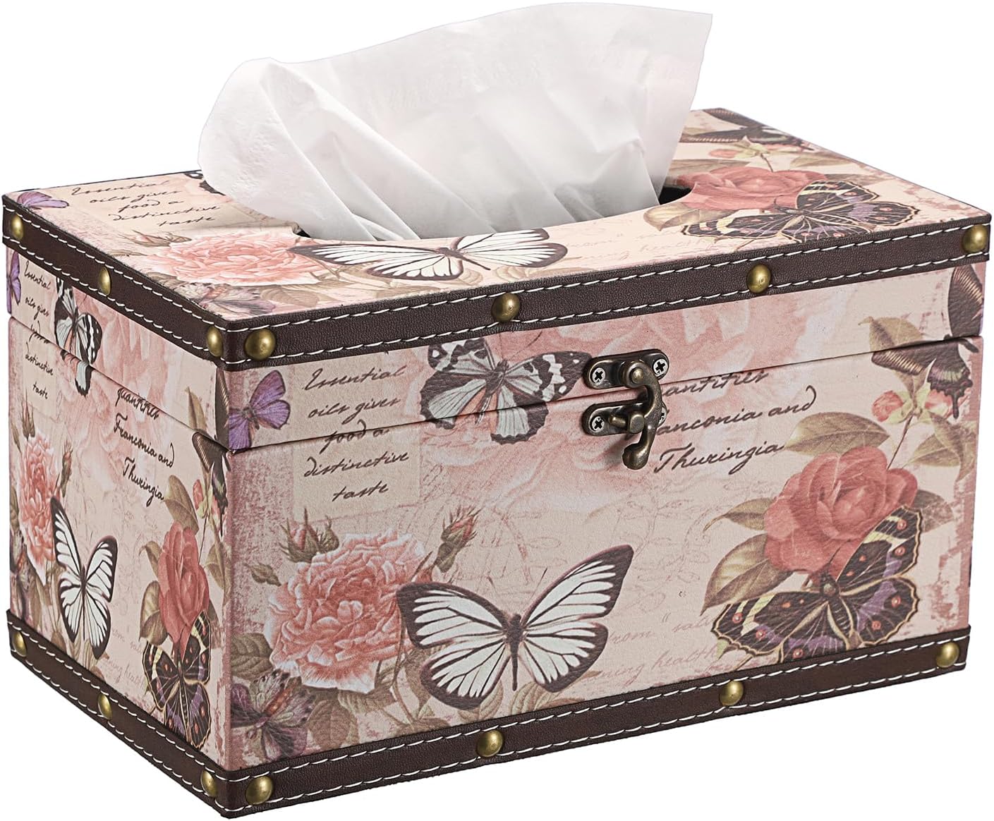 Sumnacon Tissue Box Cover Rectangle Wood Tissue Box with Hinged Lid,Vintage PU Tissue Box Holder Retro Pink Tissue Cover for Bathroom Toilet Bedroom Kitchen Office Table Desk, Large