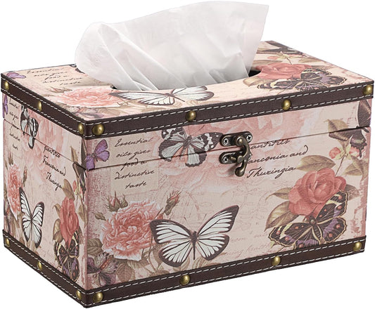 Sumnacon Tissue Box Cover Rectangle Wood Tissue Box with Hinged Lid,Vintage PU Tissue Box Holder Retro Pink Tissue Cover for Bathroom Toilet Bedroom Kitchen Office Table Desk, Large