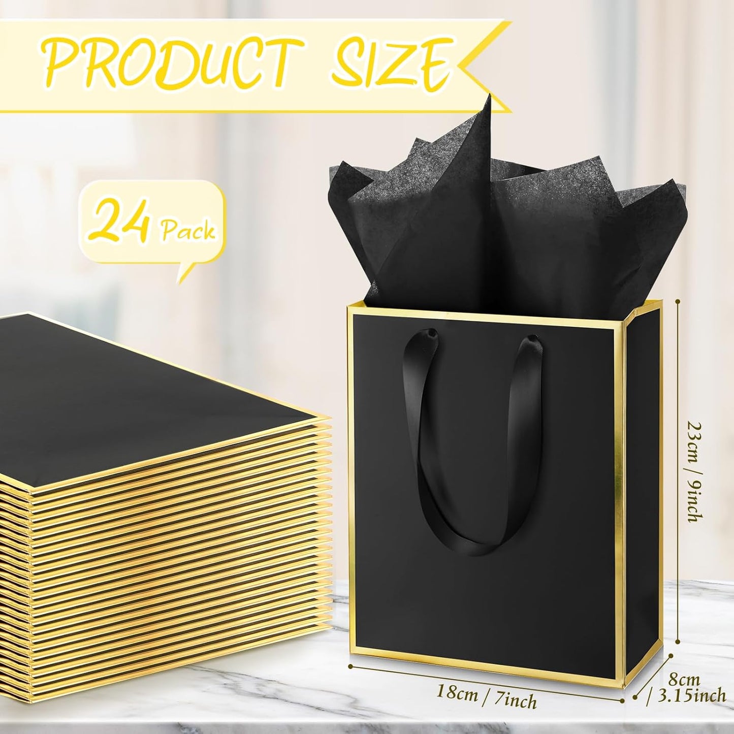 Yeaqee 24 Pack Metallic Paper Gift Bags with Handle and Tissue 9x7x3.1 Gold Foil Welcome Favor Bags Return Gifts for Wedding Fall 5 Senses Christmas Bridesmaid Birthday(Black and Gold)