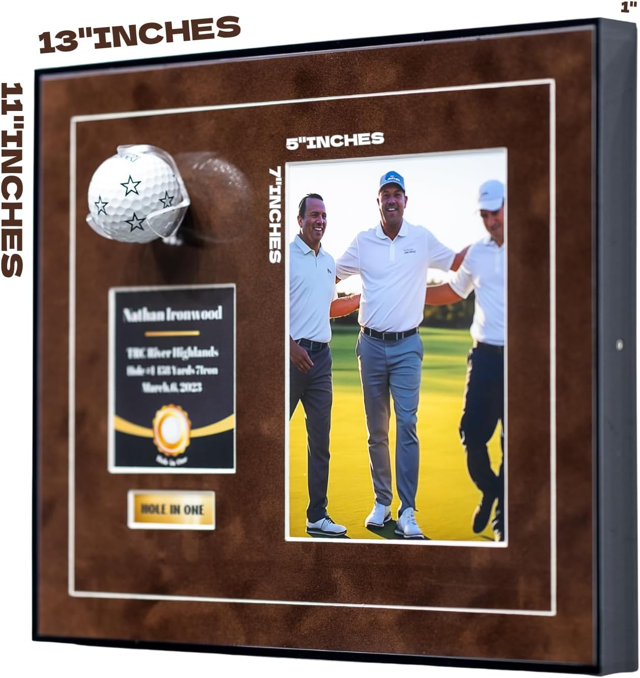 One-Shot Victory Golf Ball Display Frame – Acrylic Case with External Ball Mount, Custom Photo & Nameplate, Brown Suede Mat, Elegant Golf Keepsake Gift