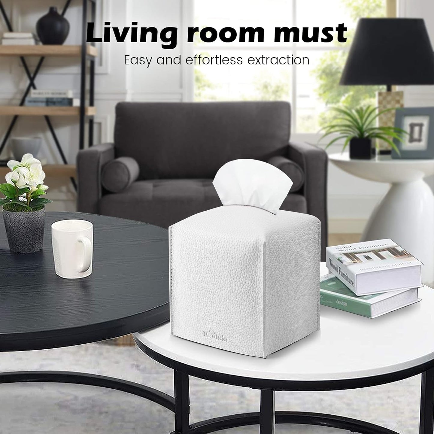 Tissue Box Cover, Tclouda, Modern PU Leather Square Tissue Box Holder for Creative Decorative, Ideal for Bathrooms/Office/Car/Nightstand/Outdoor Tent/Dining Table, 5"X5"X5", Single White