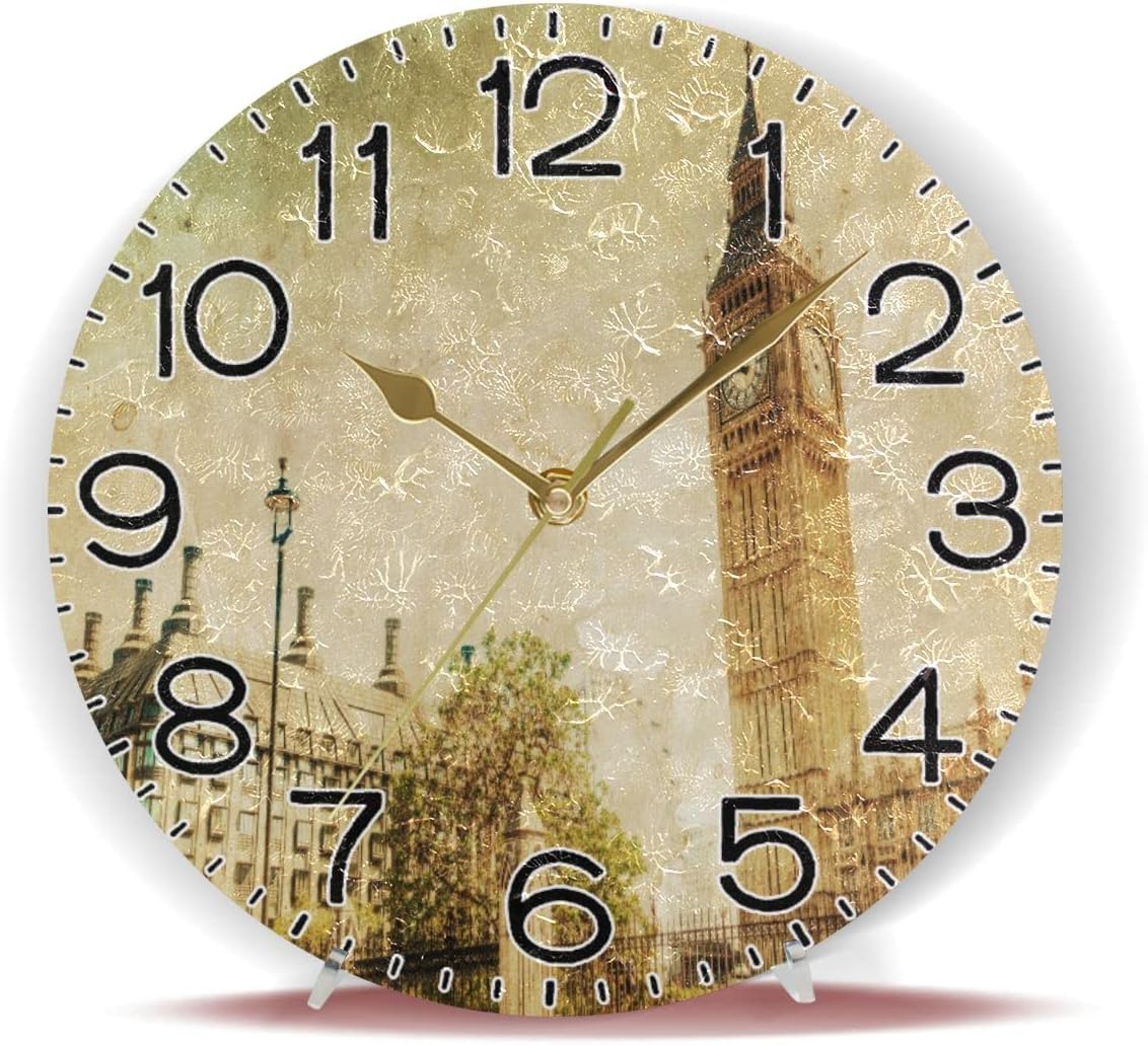 Vintage London with Big Ben Wall Clock Battery Operated Non Ticking Silent Quartz Analog Rustic Farmhouse Round Clock Retro Decor for Home Kitchen Living Room Bathroom
