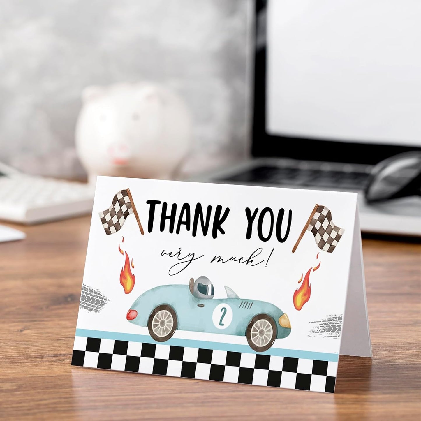 Whaline 24 Pack Race Car Thank You Cards Blue Racing Theme Note Cards with Envelopes Stickers Black White Plaid Greeting Blank Cards for Birthday Baby Shower