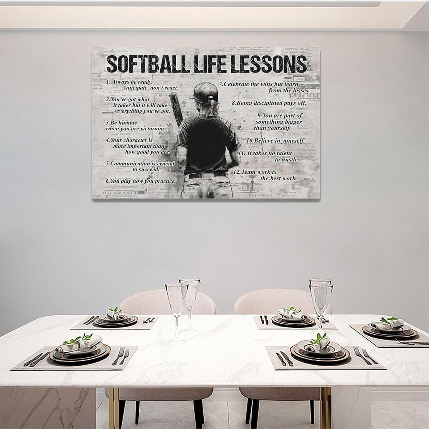 Softball Sports Wall Art Softball Life Lessons Wall Decor Softball Sign Retro Poster Boy Girls Men Room Motivational Decorations Canvas Print Painting Artwork for Bedroom Bathroom Living Room 24"x16"