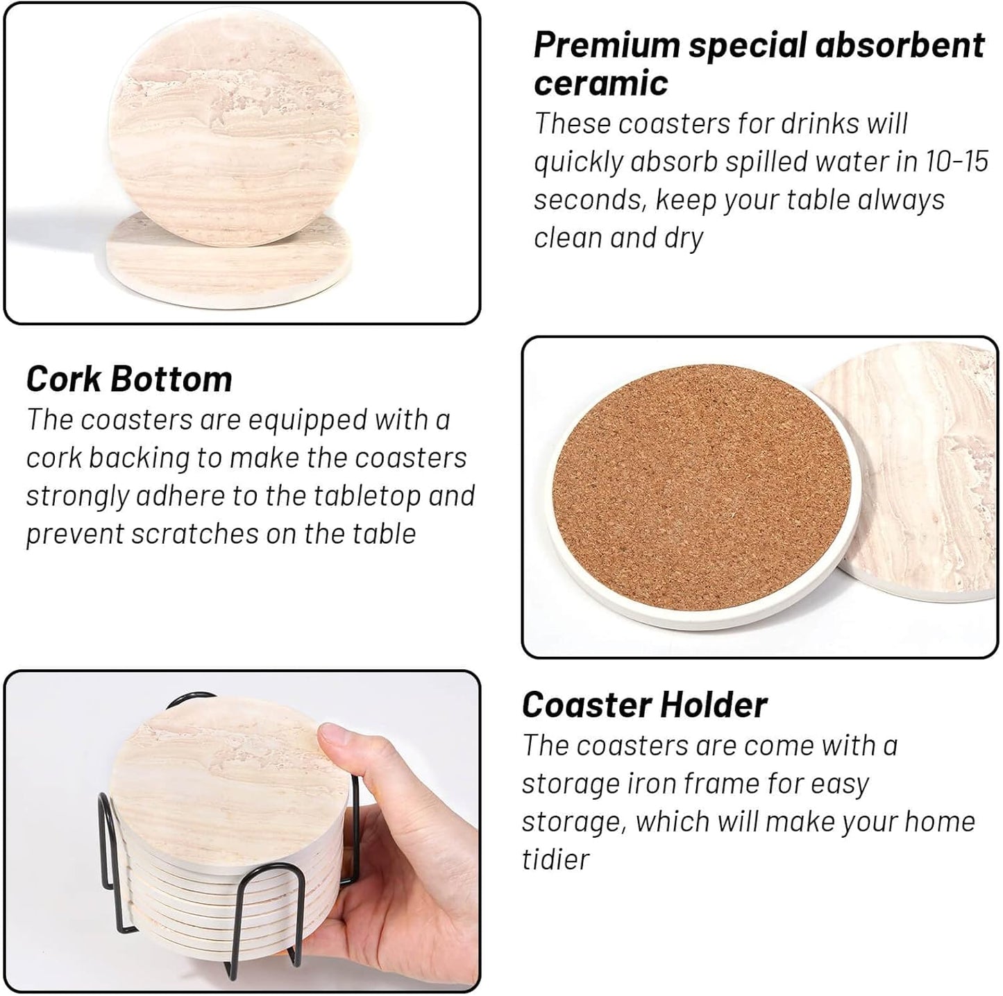 9 Pieces Ceramic Coasters for Coffee Table Absorbent, Billbotk Drink Coasters with Holder, Marble Style Coasters for Wooden Table, Home Decor, Suitable for Kinds of Cups, 4 Inches