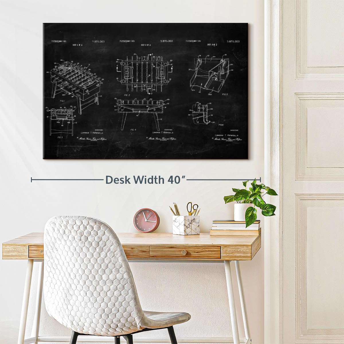 ElephantStock Soccer Table BW Patent Wall Art - Horizontal Wrapped Canvas - 1-Piece Living Room Wall Decor - Soccer Digital Art Canvas Print - Black and White Decor - 36" X 24"