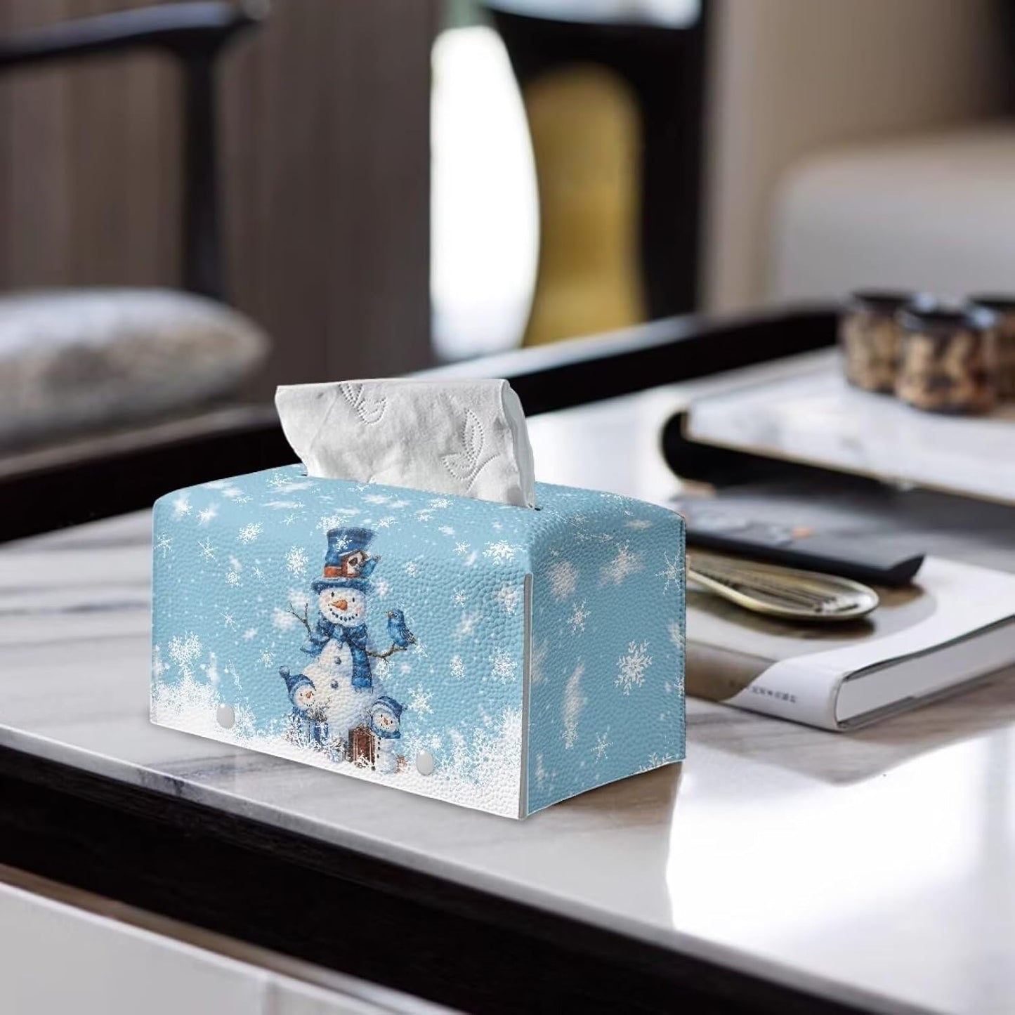 Cute Snowman Tissue Box Cover - PU Leather Rectangle 9x5x5 Decorative Box Holder for Home, Office, Car, Desk, Bathroom