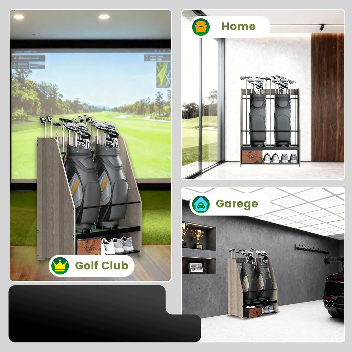 Golf Bag Organizer Rack – Large Wooden Golf Storage for 2 Bags, Clubs & Accessories with Dustproof Drawer, Sports Equipment Rack for Garage, Practice Room, Home or Office (Black)