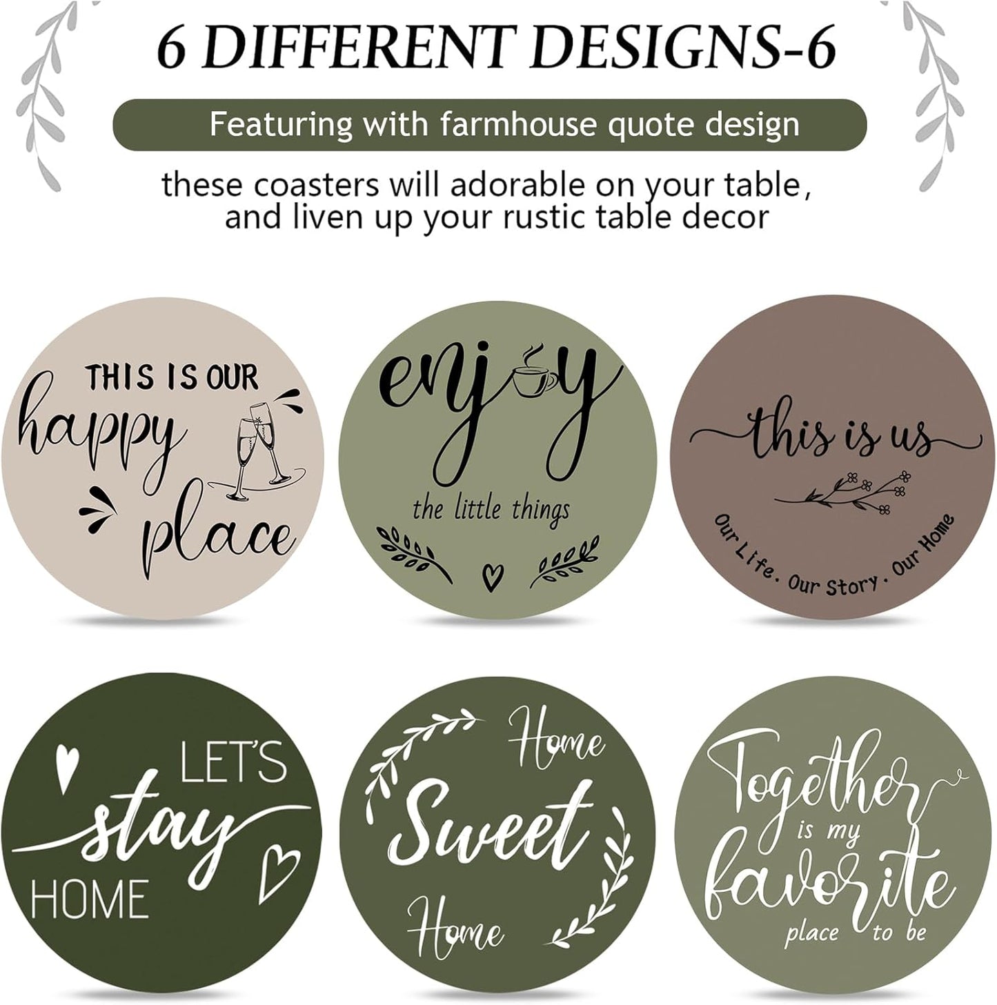 Queekay Housewarming Gifts for Home Decoration Wooden Heart Coasters for Drinks 6 Set Farmhouse Coasters with Holder Funny for Family Coffee Table Protection, 4''(Green)